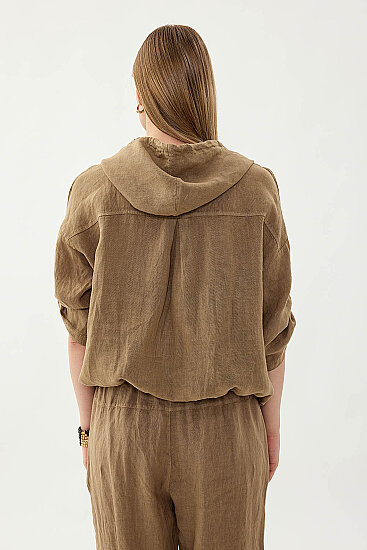 %100 Keten Kapüşonlu Fermuarlı Ceket - 44