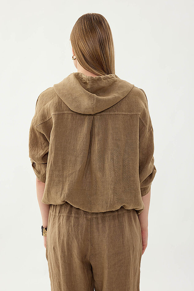 %100 Keten Kapüşonlu Fermuarlı Ceket - 44