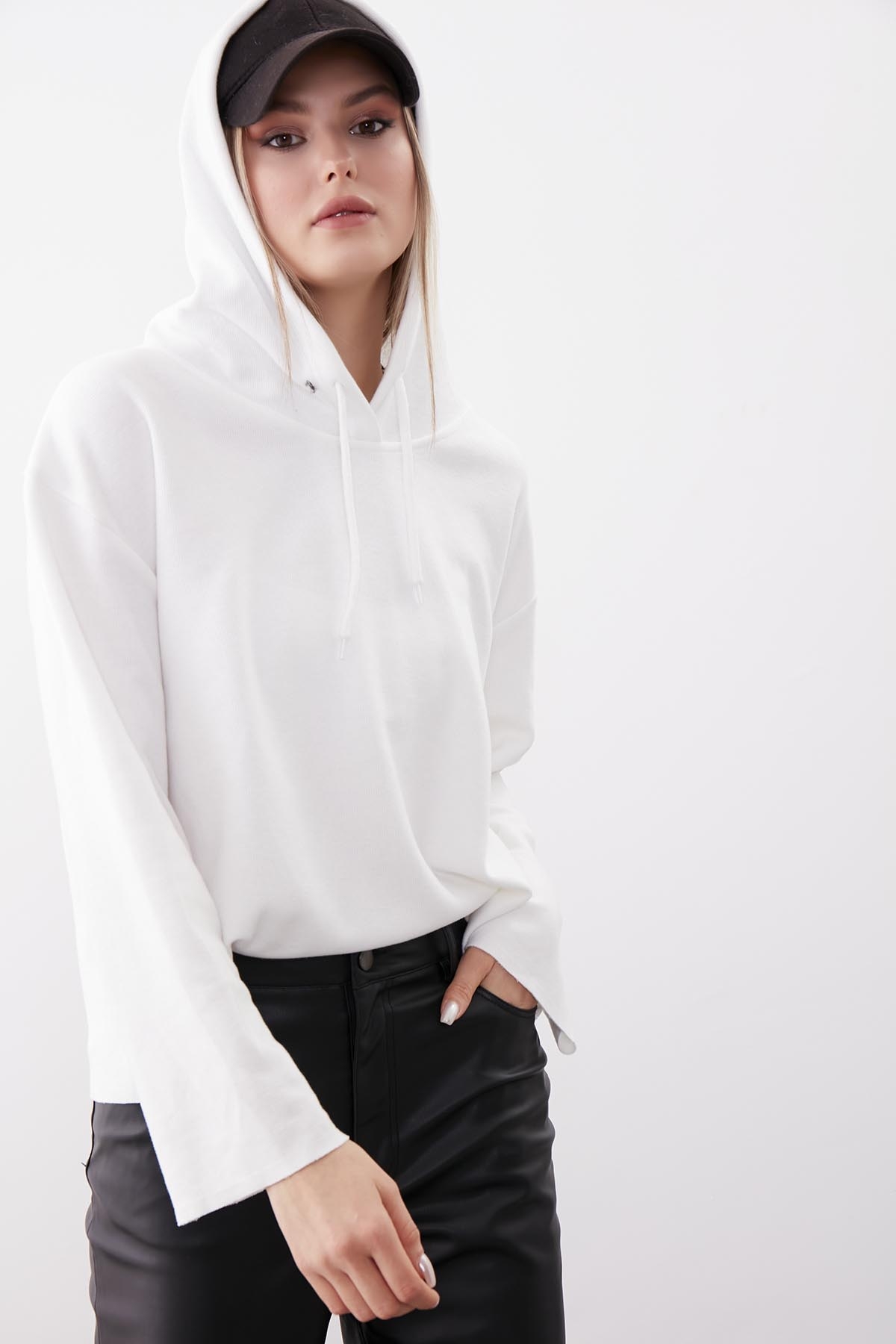 Kapüşonlu Örme Sweatshirt - Thumbnail