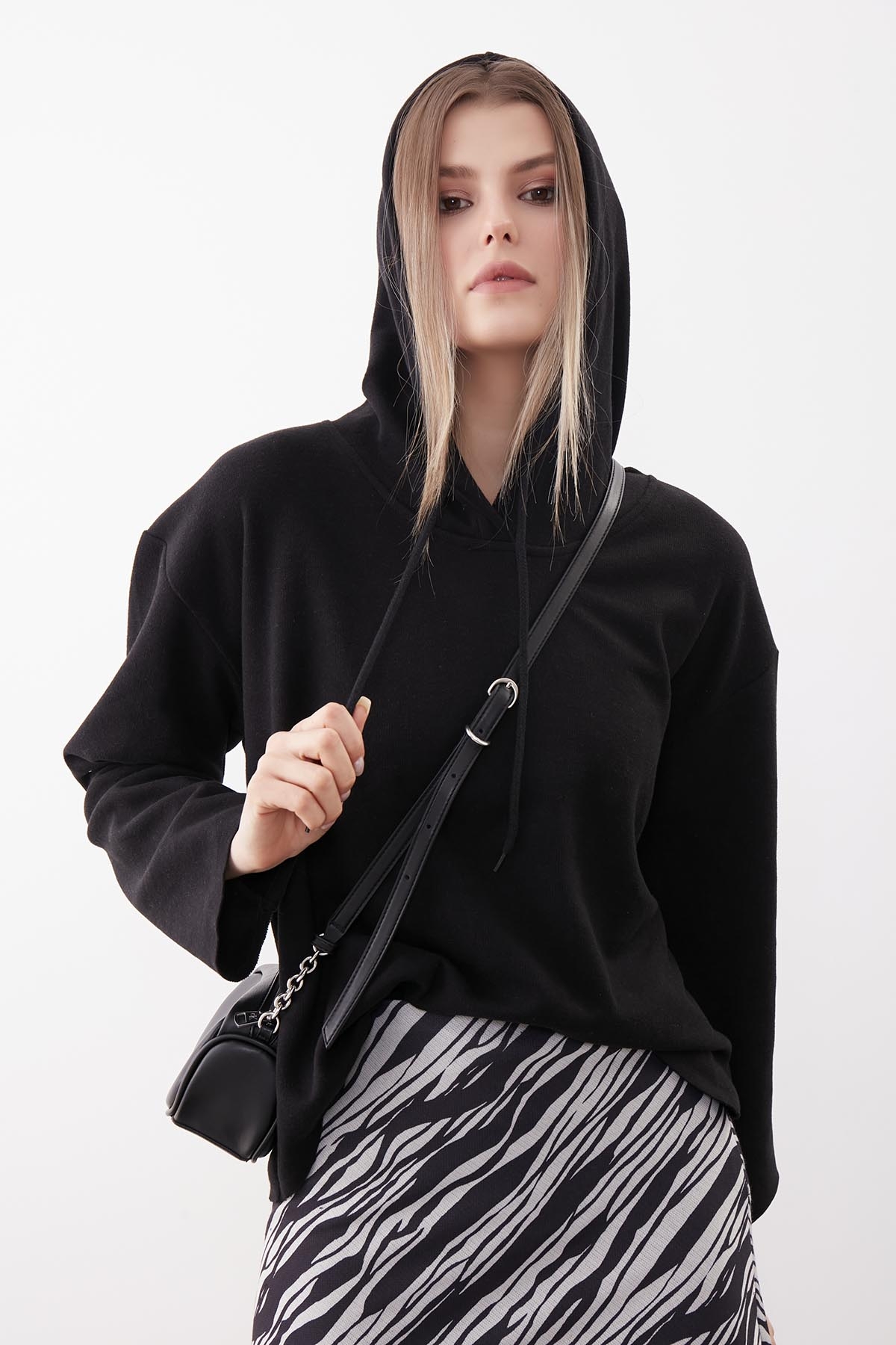 Kapüşonlu Örme Sweatshirt - Thumbnail