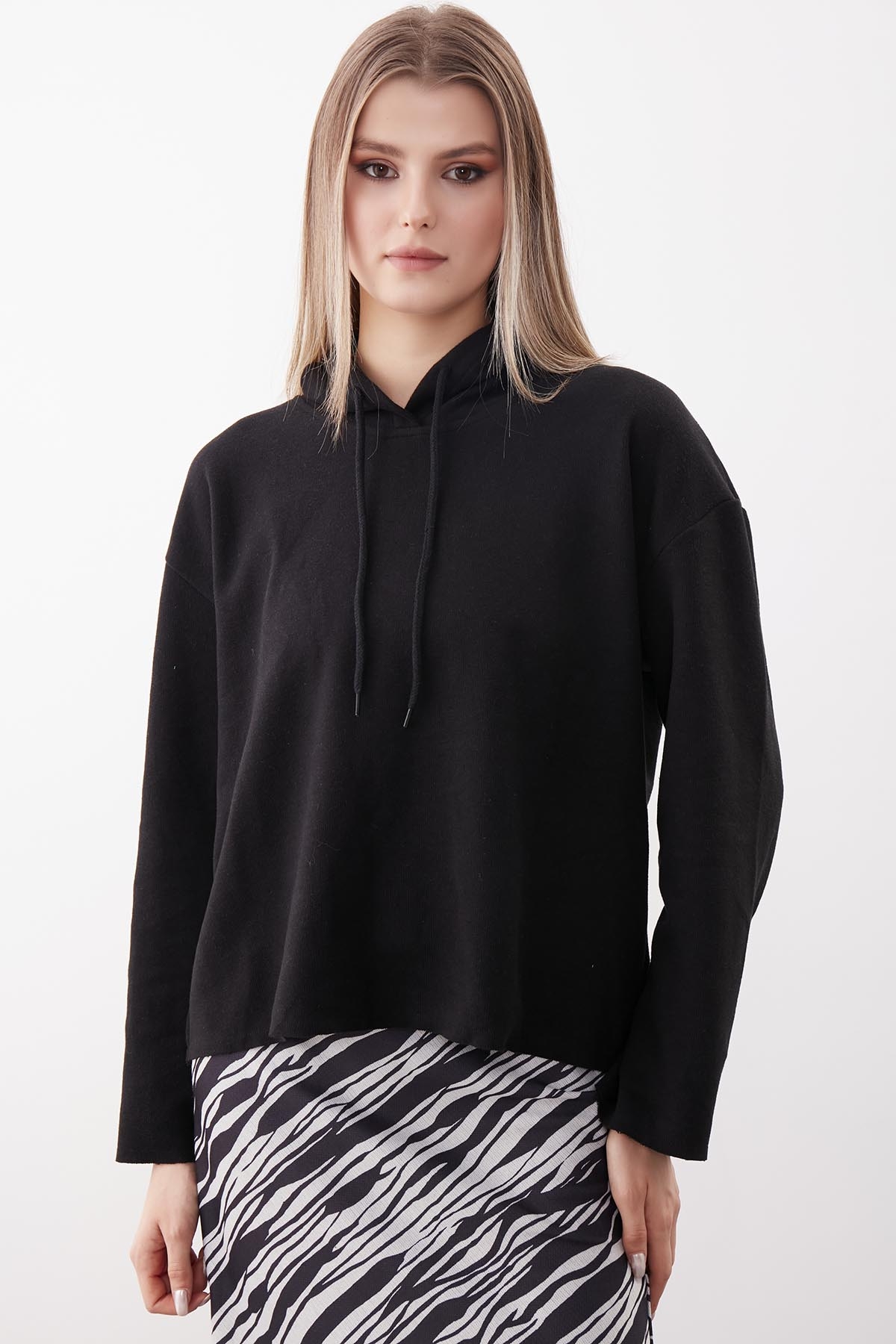 Kapüşonlu Örme Sweatshirt - Thumbnail