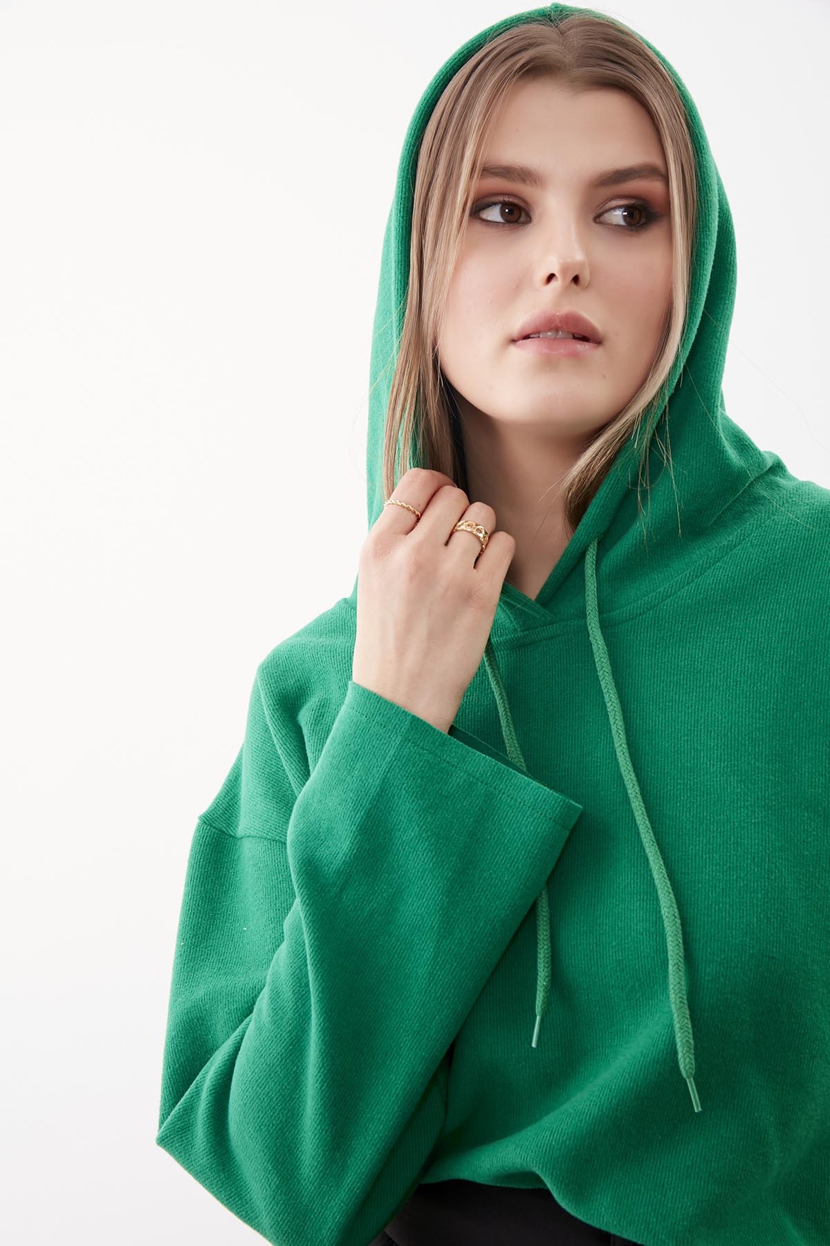 Kapüşonlu Örme Sweatshirt - Thumbnail