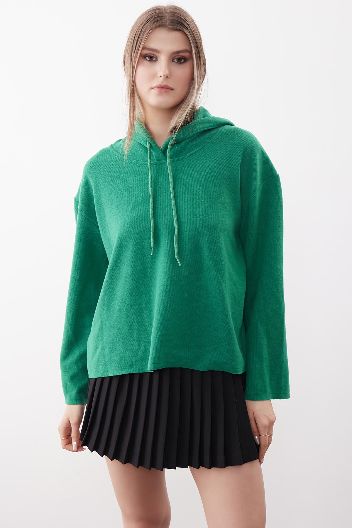 Kapüşonlu Örme Sweatshirt - Thumbnail