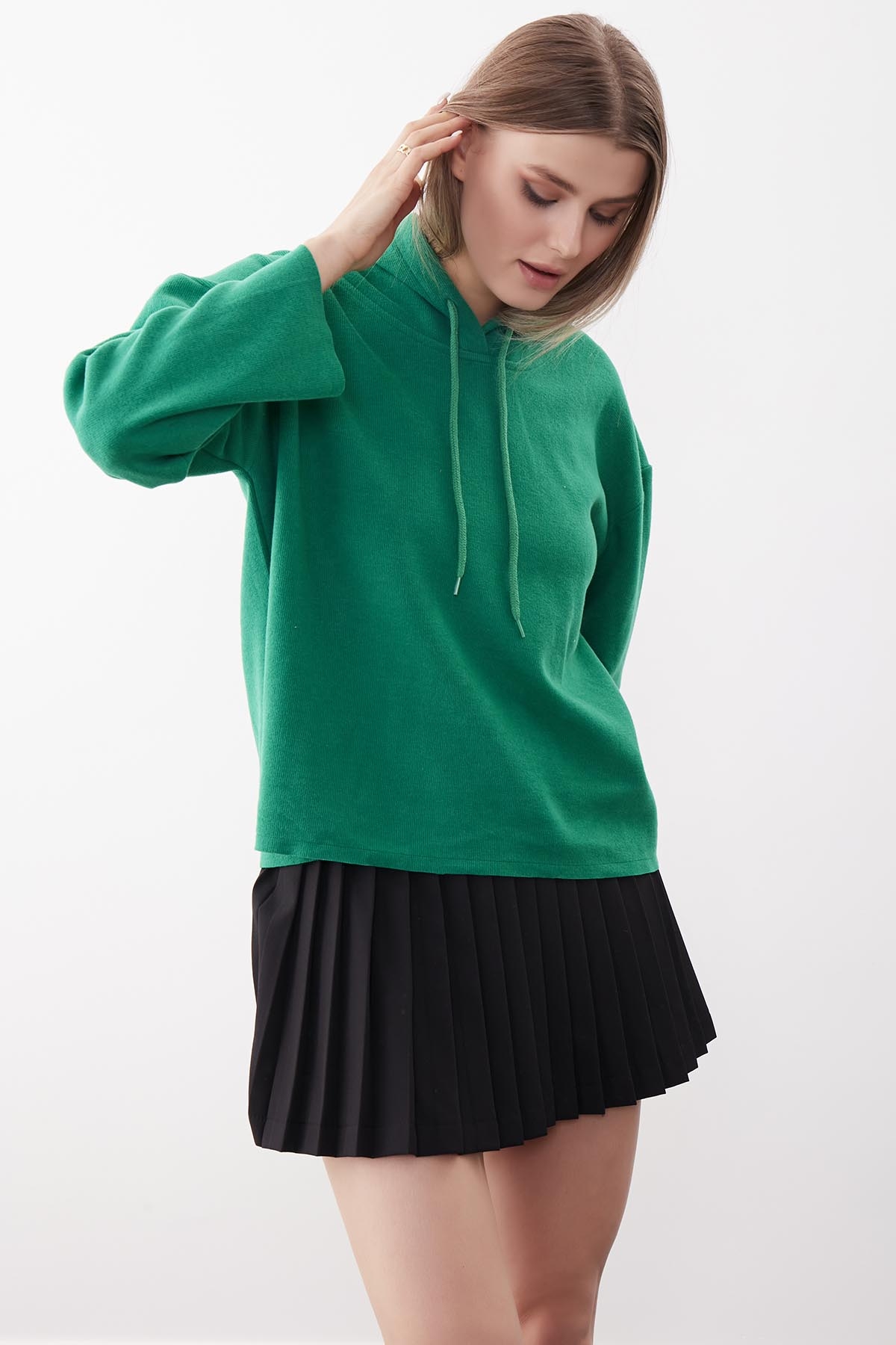 Kapüşonlu Örme Sweatshirt - Thumbnail