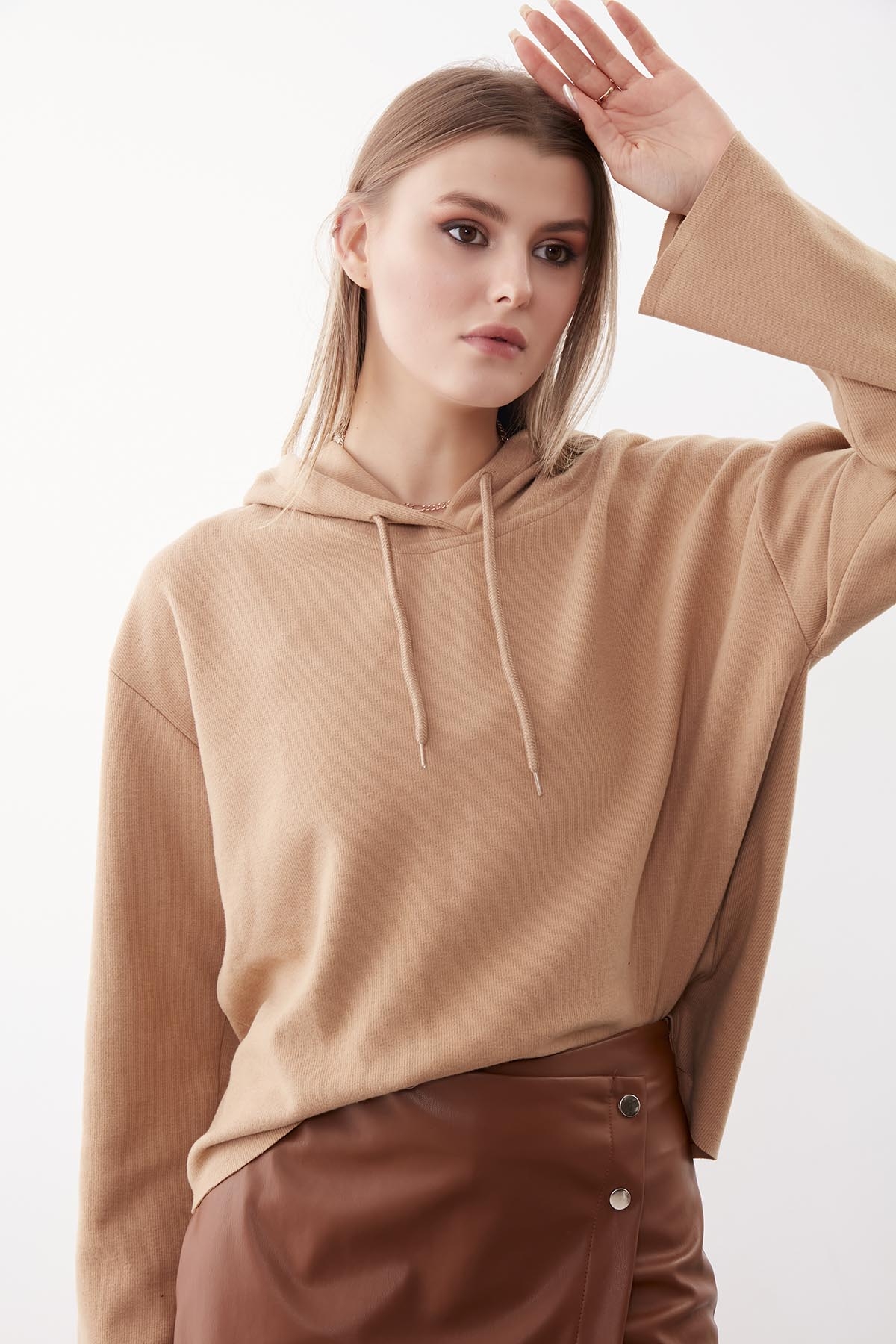 Kapüşonlu Örme Sweatshirt - Thumbnail