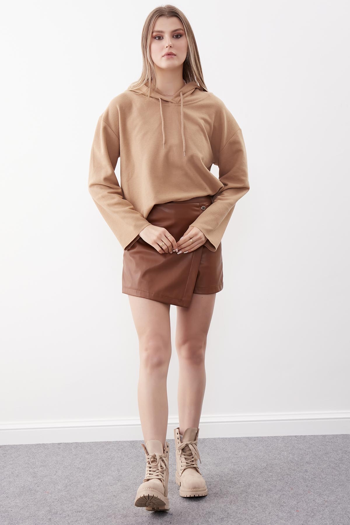 Kapüşonlu Örme Sweatshirt - Thumbnail