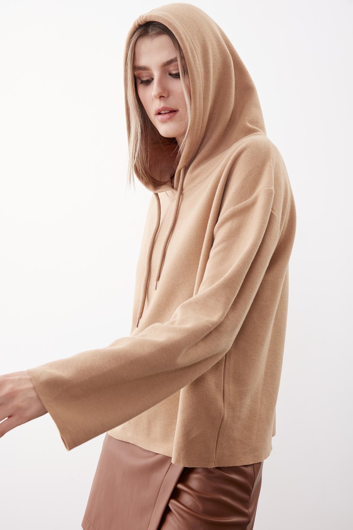 Kapüşonlu Örme Sweatshirt - Thumbnail