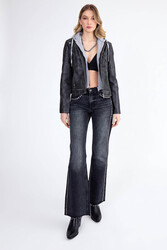 Kapüşonlu Suni Deri Crop Biker Ceket - 2