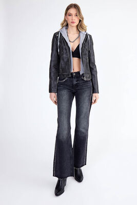 VİTRİN - Kapüşonlu Suni Deri Crop Biker Ceket (1)