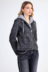 Kapüşonlu Suni Deri Crop Biker Ceket - 5