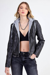 Kapüşonlu Suni Deri Crop Biker Ceket - 7