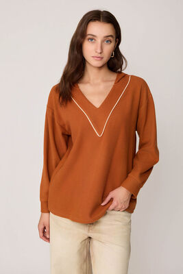 Kapüşonlu V Yaka Örme Sweatshirt - Thumbnail (7)