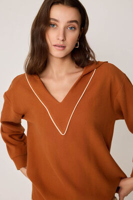 Kapüşonlu V Yaka Örme Sweatshirt - Thumbnail (6)