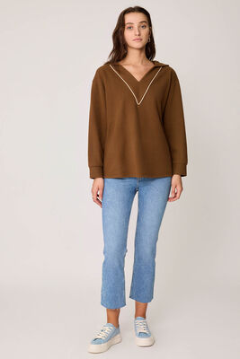 Kapüşonlu V Yaka Örme Sweatshirt - Thumbnail (10)