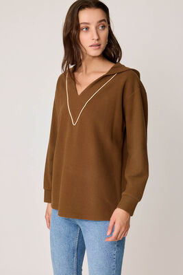 Kapüşonlu V Yaka Örme Sweatshirt - Thumbnail (13)