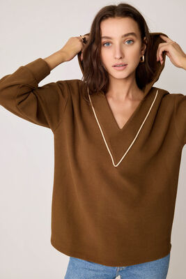 Kapüşonlu V Yaka Örme Sweatshirt - Thumbnail (11)