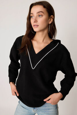 Kapüşonlu V Yaka Örme Sweatshirt - Thumbnail (18)