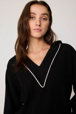 Kapüşonlu V Yaka Örme Sweatshirt - Thumbnail (16)