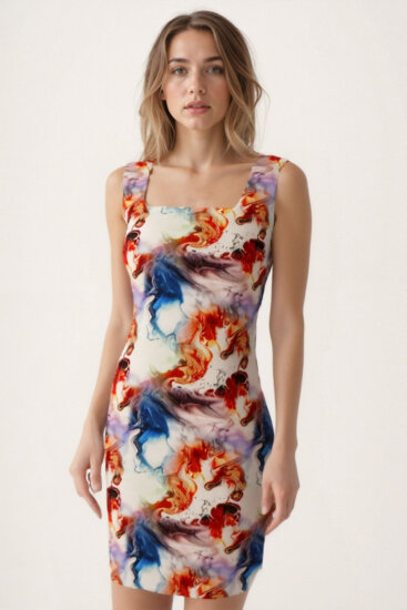 Kare Yaka Kalın Askılı Desenli Elbise - 2