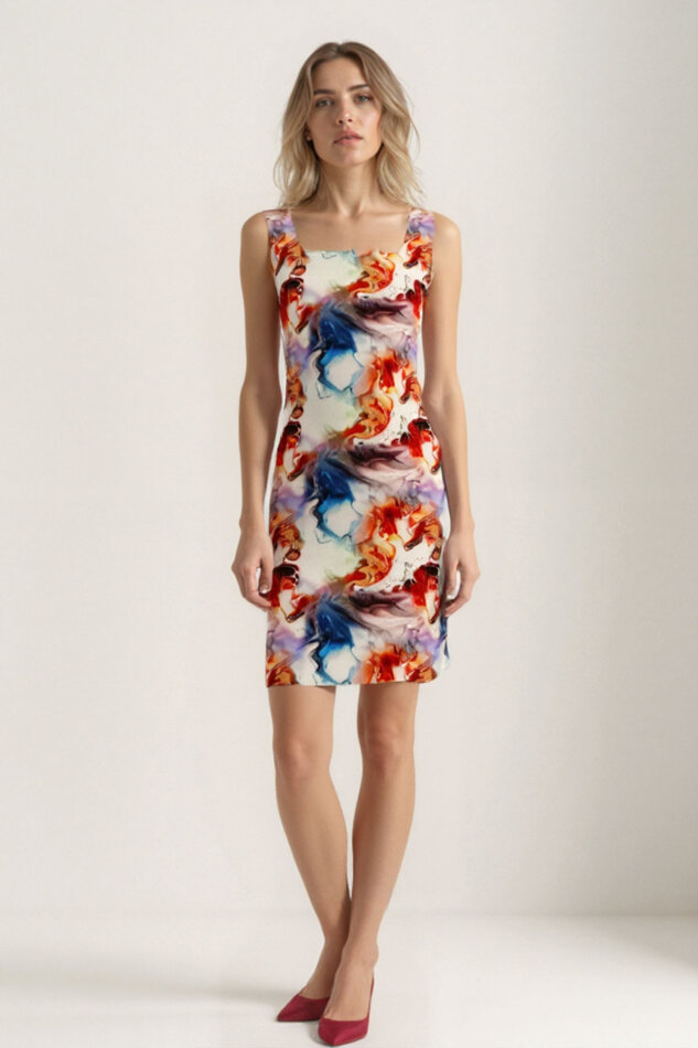 Kare Yaka Kalın Askılı Desenli Elbise - 3