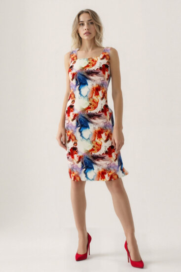 Kare Yaka Kalın Askılı Desenli Elbise - 4