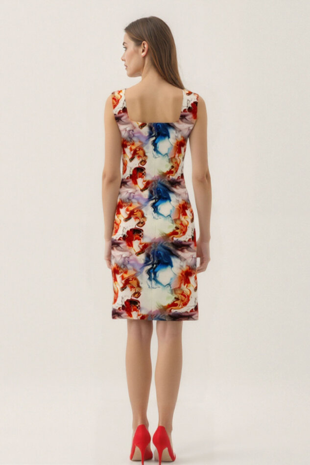 Kare Yaka Kalın Askılı Desenli Elbise - 5