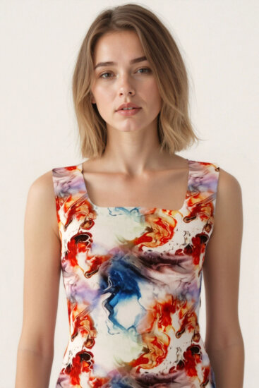 Kare Yaka Kalın Askılı Desenli Elbise - 6