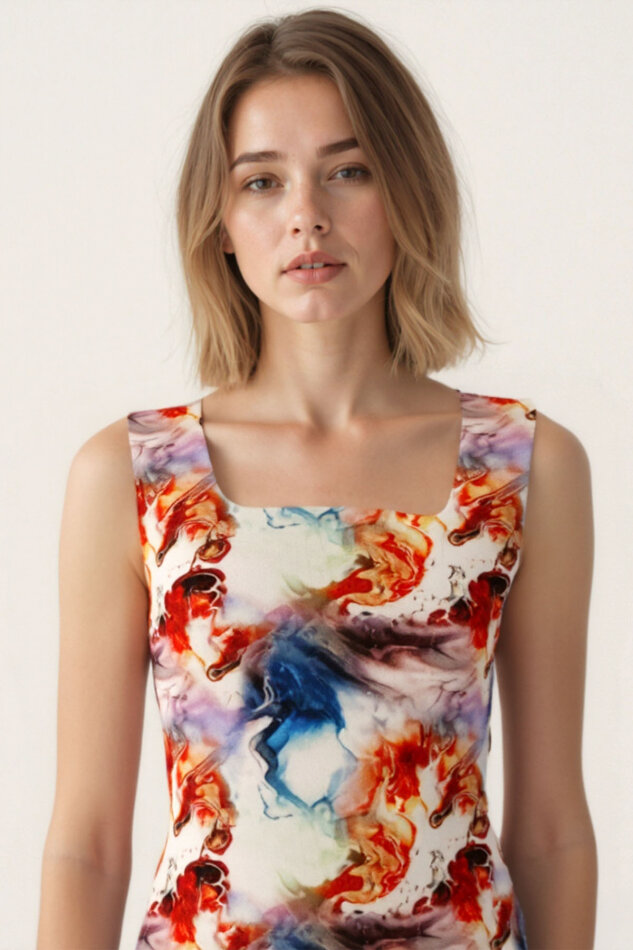 Kare Yaka Kalın Askılı Desenli Elbise - 6