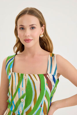 Kare Yaka Önü Düğmeli Desenli Sıfır Kol Elbise - 4