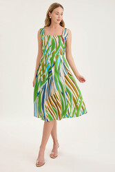 Kare Yaka Önü Düğmeli Desenli Sıfır Kol Elbise - 6