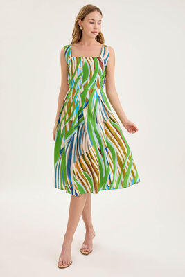 Kare Yaka Önü Düğmeli Desenli Sıfır Kol Elbise - 6