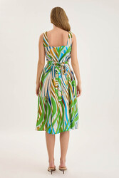 Kare Yaka Önü Düğmeli Desenli Sıfır Kol Elbise - 7