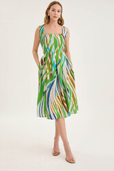 Kare Yaka Önü Düğmeli Desenli Sıfır Kol Elbise - 3