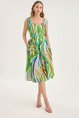 Kare Yaka Önü Düğmeli Desenli Sıfır Kol Elbise - 3