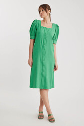 Kare Yaka Önü Düğmeli Kısa Kol Elbise - 6