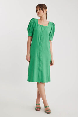 Kare Yaka Önü Düğmeli Kısa Kol Elbise - 6