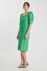 Kare Yaka Önü Düğmeli Kısa Kol Elbise - 8