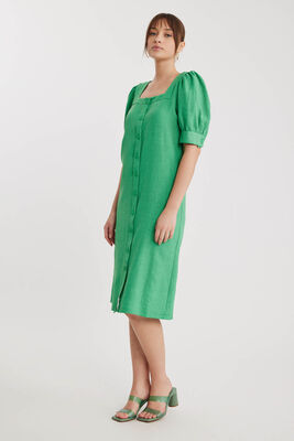 Kare Yaka Önü Düğmeli Kısa Kol Elbise - 8