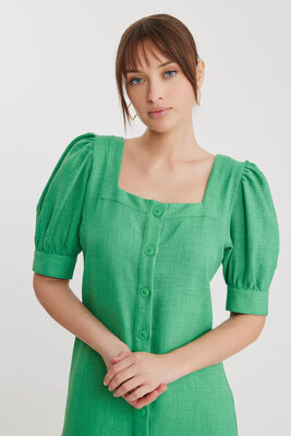 Kare Yaka Önü Düğmeli Kısa Kol Elbise - 7