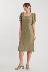 Kare Yaka Önü Düğmeli Kısa Kol Elbise - 10