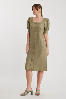 Kare Yaka Önü Düğmeli Kısa Kol Elbise - 10