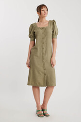 Kare Yaka Önü Düğmeli Kısa Kol Elbise - 12