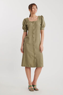 Kare Yaka Önü Düğmeli Kısa Kol Elbise - 12