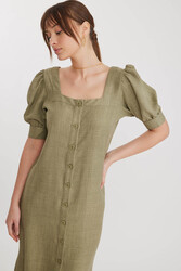 Kare Yaka Önü Düğmeli Kısa Kol Elbise - 11