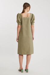 Kare Yaka Önü Düğmeli Kısa Kol Elbise - 13