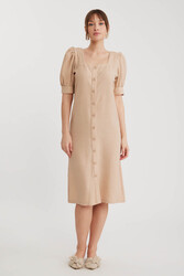 Kare Yaka Önü Düğmeli Kısa Kol Elbise - 14