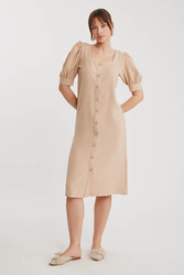 Kare Yaka Önü Düğmeli Kısa Kol Elbise - 17