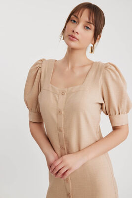 Kare Yaka Önü Düğmeli Kısa Kol Elbise - 15