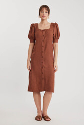 Kare Yaka Önü Düğmeli Kısa Kol Elbise - 19