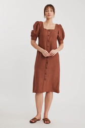 Kare Yaka Önü Düğmeli Kısa Kol Elbise - 21